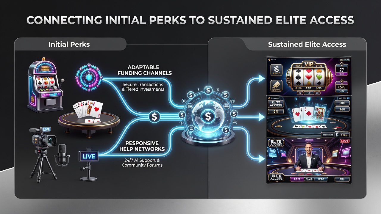 Illustration mobiler Casino-Plattformen mit Slots, Tischspielen und Live-Übertragungen verbunden durch Zahlungs- und Support-Systeme