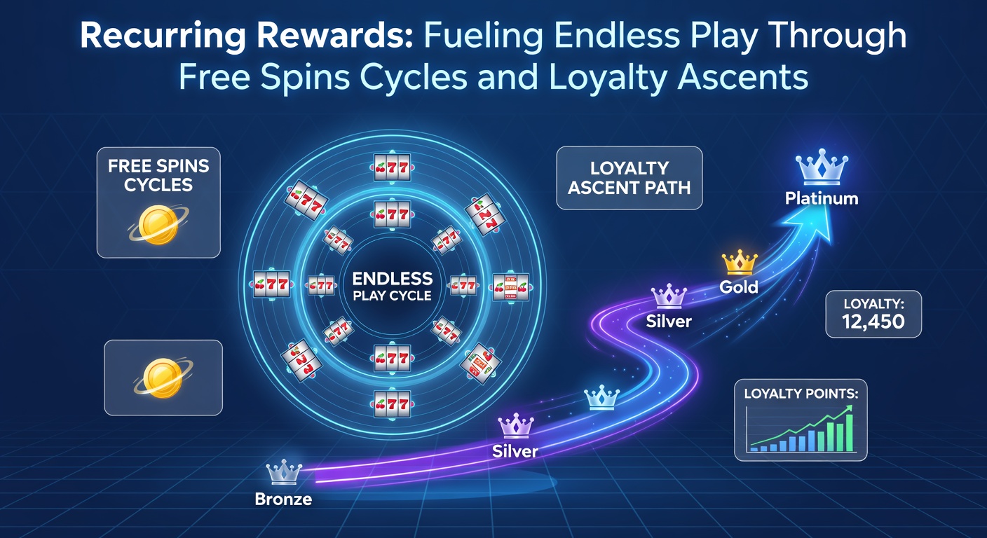 Darstellung einer Loyalty-Leiter mit Free-Spins-Icons, die Aufstiege und zyklische Belohnungen visualisiert, inklusive Slot-Maschinen im Hintergrund