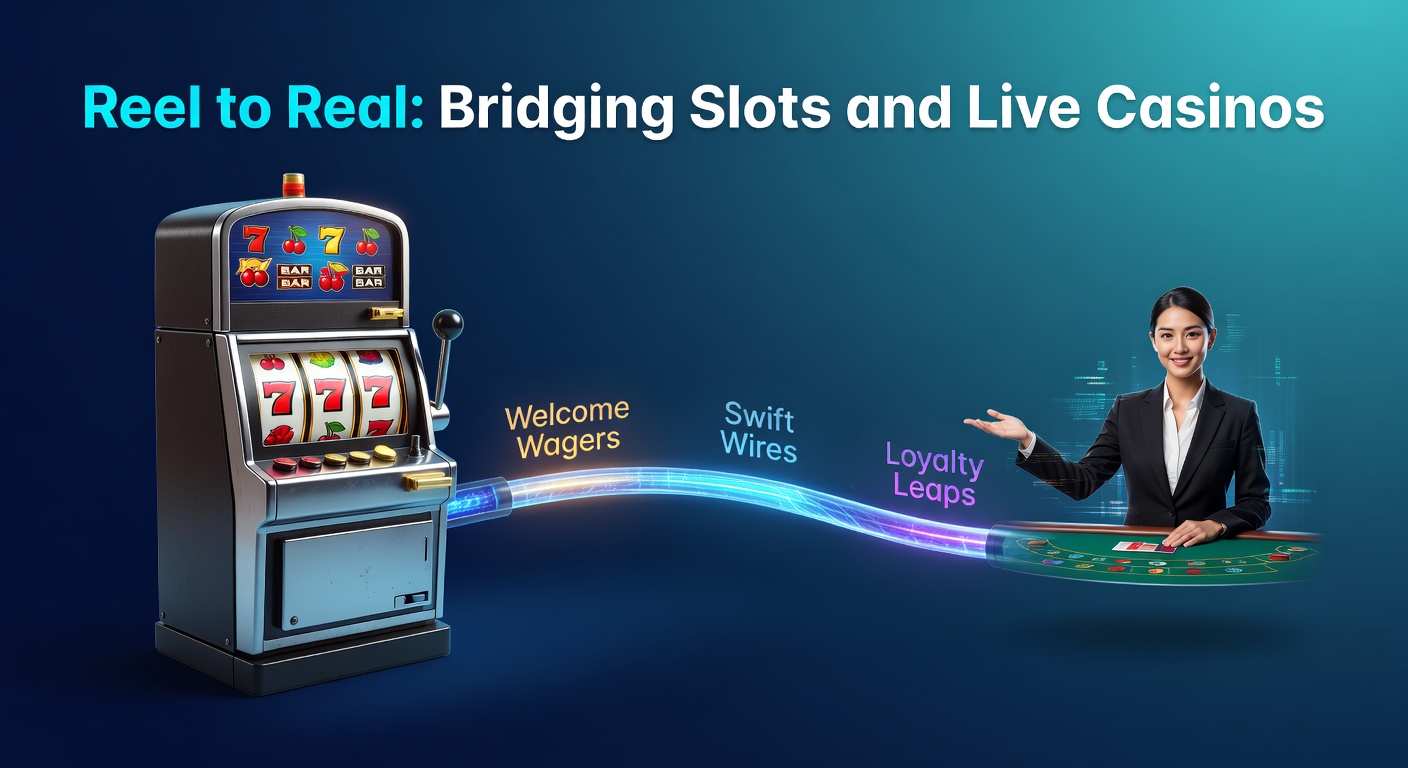 Ein dynamisches Bild, das Slot-Walzen nahtlos in eine Live-Casino-Umgebung übergehen zeigt, mit leuchtenden Boni-Symbolen und schnellen Zahlungsikonen im Hintergrund