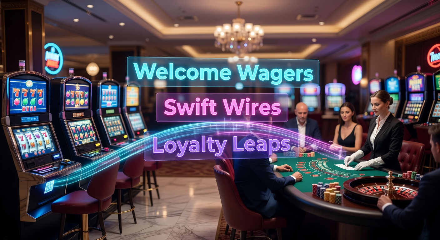 Grafik mit Blitz-Überweisungs-Symbolen, die Slot-Gewinne zu Live-Tischen leiten, umgeben von Treue-Stufen und Wallet-Icons für ultraschnelle Transaktionen